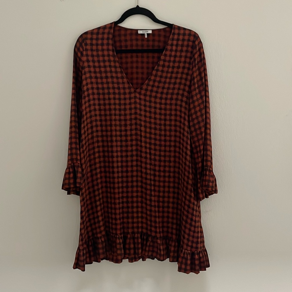 GANNI Short gingham dress with ruffle hem